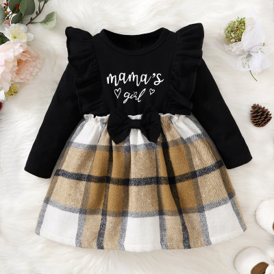 Baby Girl Letter Printed Plaid Patchwork Bowknot Decor Long Fly Sleeve Dress