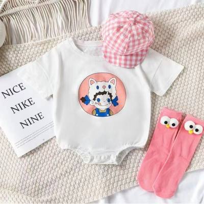 Verão elegante roupas de bebê bonito estilo princesa manga curta bebê menina dos desenhos animados do bebê puro algodão macacão rastejando roupas na moda