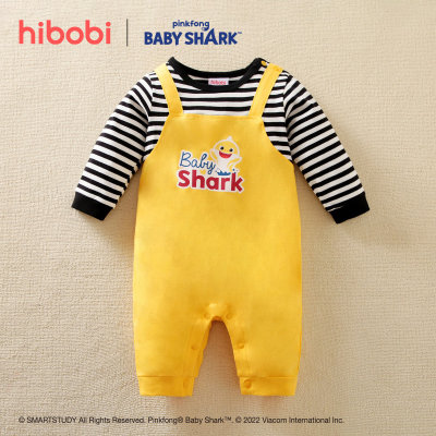 hibobi×BabyShark Macacão de algodão com estampa de listras fofas de bebê tubarão
