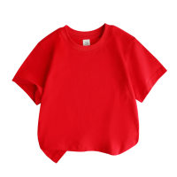 Camiseta infantil solta com gola redonda, algodão puro, cor sólida, absorvente de suor, manga curta  Vermelho