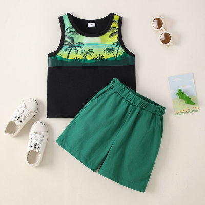 2-piece Toddler Coconut Tree Printed Vest & Solid Color Shorts