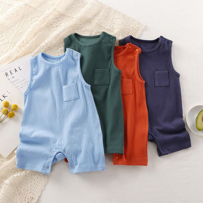 Baby Solid Color Pocket Front Sleeveless Boxer Romper