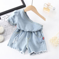 Toddler Girl Edgy Solid One Shoulder Jeans Top & Shorts  Blue