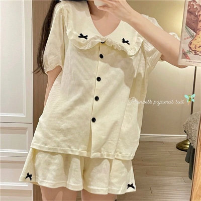 Douyin live broadcast summer doll collar pajamas women's short-sleeved bow cute imitation cotton pit strips foreign trade cross-border home clothes