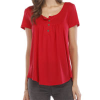 Women's smocked buttoned loose short-sleeved T-shirt top  Red