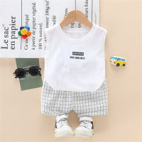 Toddler Boy Letter Print Wing Pattern Sleeveless Top & Plaid Shorts  White