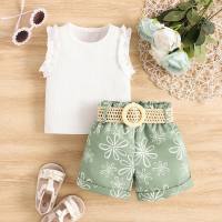 New summer girls casual suit sleeveless vest printed shorts three-piece suit  Green