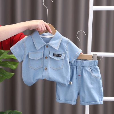 Verão novo comércio exterior 2023 crianças denim terno de manga curta meninos pequenos e médios roupas de verão 0-5 anos de idade roupas infantis na moda