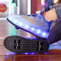 Big kids four-wheeled removable roller skates with lights (with charging cable)  Blue