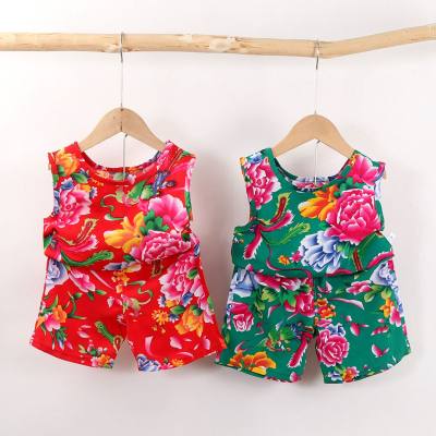 Children's vest suits, boys and girls summer thin cotton silk floral suspender shorts, baby cute two-piece suit