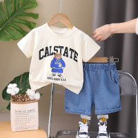 A drop-shipping children's new summer short-sleeved children's clothing for small and medium-sized boys and girls casual round neck T-shirt denim shorts set  White
