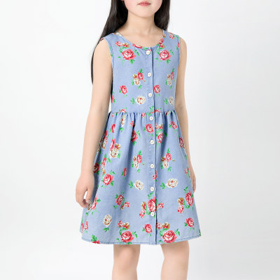 Kid Girl Pure Cotton Allover Floral Printed Sleeveless Denim Dress