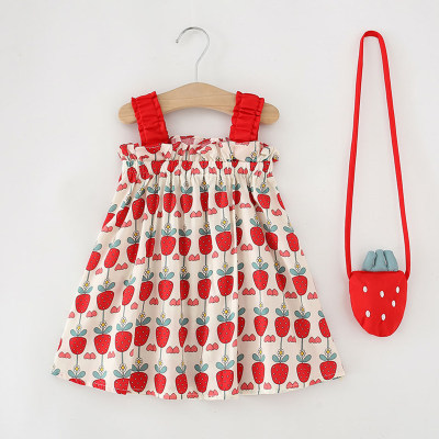 Baby Girl 2 Pieces Strawberry Pattern Ruffle Straps Sleeveless Dress & Strawberry Bag