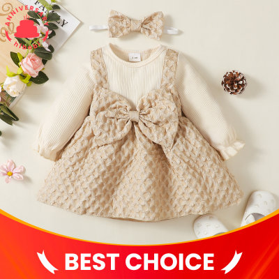Baby Sweet Solid Color Bowknot Decor Long Sleeve Dress with Headband