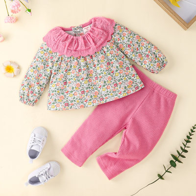 Baby Floral Color Block Lining NecklineBlouse & Solid Color Trousers