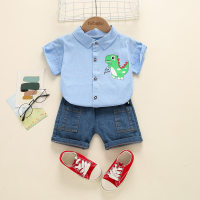 2-piece Toddler Boy Dinosaur Pattern Short Sleeve Shirt & Denim Shorts  Blue