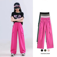 Girls pants children's summer new style ice silk wide-leg pants rose red anti-mosquito casual overalls big children  Hot Pink