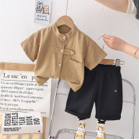 Small and medium-sized boys' short-sleeved summer clothes for children, solid color shirts, two-piece suits  Khaki