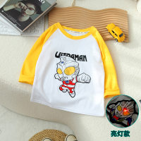 Ropa para niños Camiseta de manga larga Ultraman iluminada y atractiva para niños 2024 Otoño Nueva camisa de fondo para niños Top de algodón para hombres  Amarillo