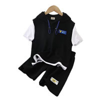 Children's waffle suit summer boy short-sleeved T-shirt thin size medium and large children  Black