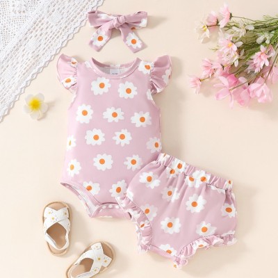 Baby Girl Summer Cute Daisy Print Flying Sleeve Triangle Romper + Ruffled Briefs + Headscarf Three-piece Set