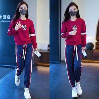 2PCS casual sports suit letter print sweater trousers two-piece set  Red