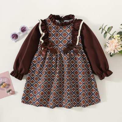 Toddler Girl Plaid Ruffle Patchwork Button Front Long Sleeve Dress