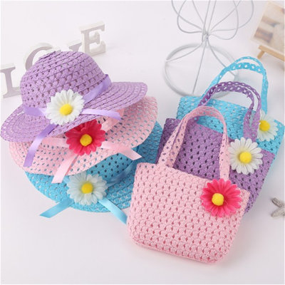 Bolso de mano con decoración de flores para niñas de 2 piezas y sombrero a juego
