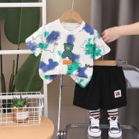 Boys summer suits 2024 new children's casual clothes contrasting color printing baby boy summer short-sleeved two-piece suit  Blue