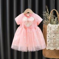 Girls cross-border dress children's short-sleeved princess dress baby bow gauze skirt little girl puffy skirt wholesale  Pink