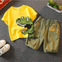 Traje para niños, camiseta con estampado de dinosaurio, pantalones cortos, traje transpirable de verano de dos piezas para niños  Amarillo