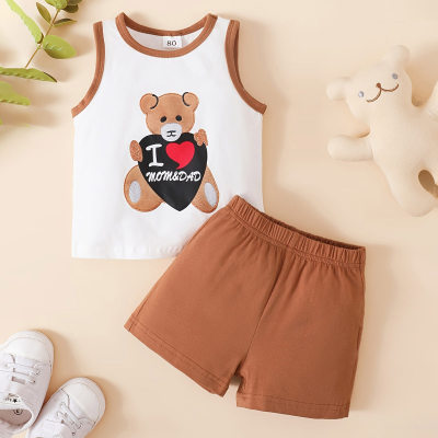 2-piece Baby Boy Letter and Bear Printed Vest & Solid Color Shorts
