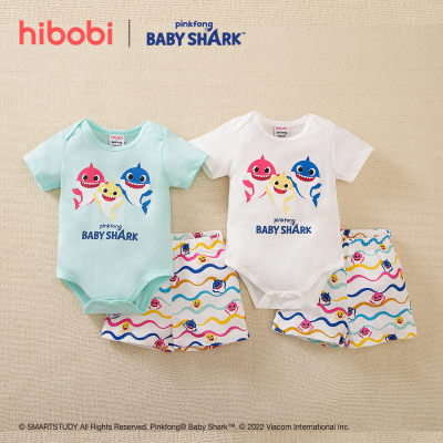 hibobi×IP Babyshark Mono y pantalones cortos de algodón de manga corta con estampado de rayas para bebés