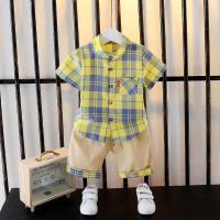 Boys' summer short-sleeved suit new style children's summer fashionable and handsome Internet celebrity street plaid shirt short-sleeved suit  Yellow