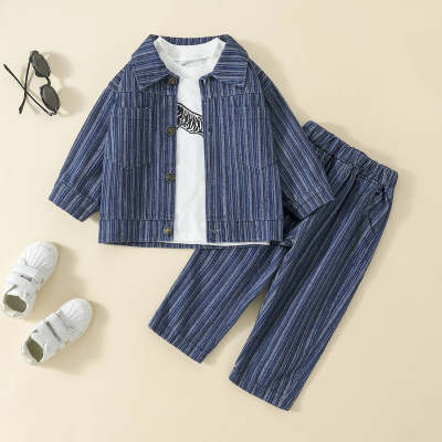 3-piece Toddler Boy Letter Printed Long Sleeve Top & Striped Pocket Front Button-up Long Sleeve Denim Shirt Jacket & Matching Straight Pants