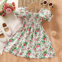 Young Girl Pink Floral Printed Romantic Vacation Style  Puff Sleeve Shirred Princess  Dress For Summer  Floral color