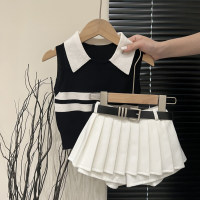 Polo tricoté pour filles, costume d'été, gilet à la mode, jupe plissée, ensemble deux pièces, 2023  Noir