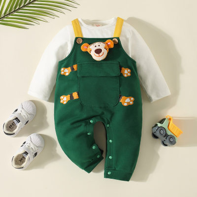 Baby Solid Color Long Sleeve T-shirt & tiger stripe print dungarees