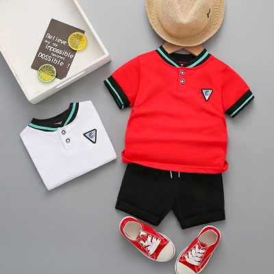 New summer children's boy casual stand-up collar two-button triangle label short-sleeved shorts two-piece suit