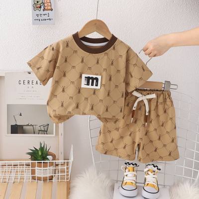 New summer style for small and medium children, comfortable and fashionable, full-print diamond-shaped rabbit short-sleeved suits for boys and girls, summer short-sleeved suits