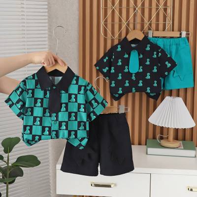 New summer style for small and medium-sized children, fashionable full-print plaid dinosaur short-sleeved suit, trendy boys' casual short-sleeved suit