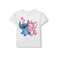 Lilo & Stitch Stitch Kinderkleidung mit Cartoon-Musterdruck für Kinder mittleren und älteren Alters, kurzärmeliges T-Shirt mit Rundhalsausschnitt  Weiß