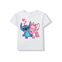 Lilo & Stitch Stitch-ropa con estampado de dibujos animados para niños, camiseta de manga corta con cuello redondo para niños de mediana y mayor edad  Blanco