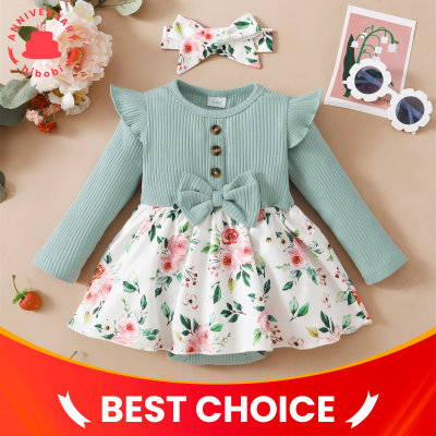 Baby Girl Color-block Floral Pattern Bow-knot Decor Ruffle Long Sleeve Dress & Headband