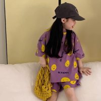 Girls Summer Suit 2023 New Children's Full Printed Cartoon Smiling Face Short Sleeve Small and Medium-sized Boys Thin Two-piece Set  Purple