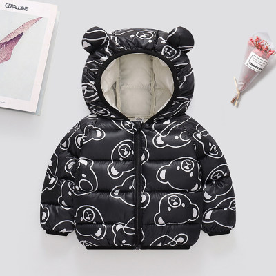 Abrigo acolchado ligero con capucha con patrón de oso de dibujos animados de invierno para niño pequeño con orejas