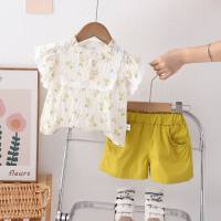 Summer new style girls stand collar placket short sleeve suit baby girl casual shorts two piece suit  Yellow