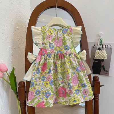 Girls Skirt Flower Flying Sleeves Big Bow Dress Princess Skirt 2024 Summer New Style Foreign Trade Children's Clothing Dropshipping