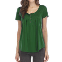 Women's smocked buttoned loose short-sleeved T-shirt top  Green