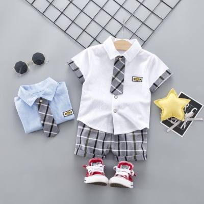 Plaid party performance costume children's suit boy short-sleeved summer cartoon baby shirt casual trend